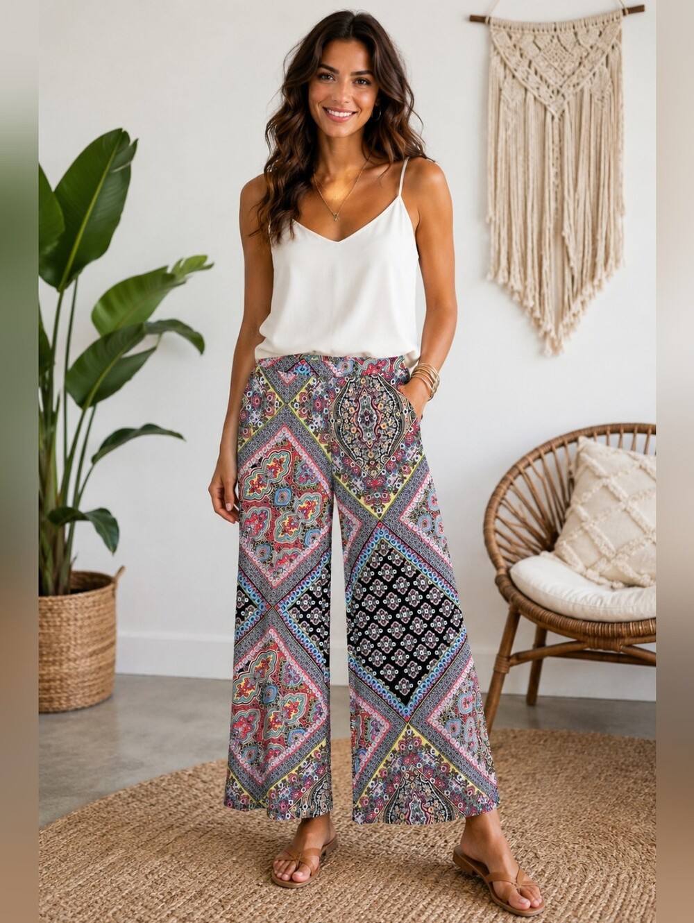 cha cha vente Multicolor Patchwork Wide-Leg Palazzo Pants SZ Small